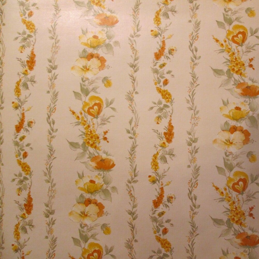 Vintage 1980s Striped Orange Floral Motif Wallpaper